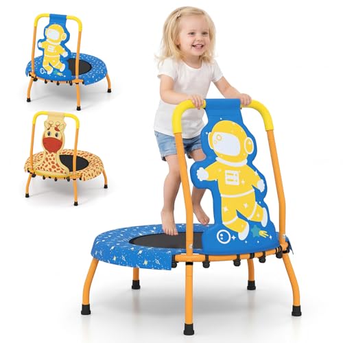 HONEY JOY 28” Trampoline for Kids, Indoor Outdoor Mini Rebounder with Foam Handle, Recreational Baby Jump Toy w/No-Gap Safety Pad, Small Toddler Trampoline for 3+ Years Old, 175 LBS Max Load - color: Blue