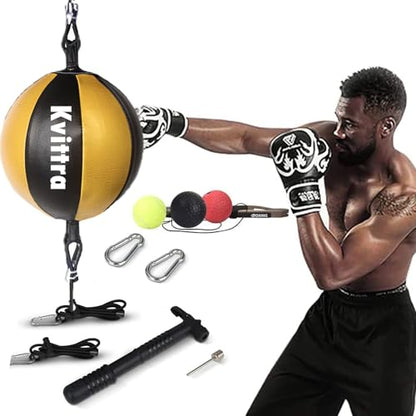 Double End Punching Bag Boxing Striking for Training - Speed Ended Set Includes 3 Reflex Ball Headband and Pump- Portable MMA - color: Yellow