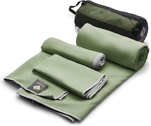 Quick Dry Towel - 3 Size Pack of Lightweight Microfiber Travel Towels w/Bag - Fast Drying Towel Set for Camping, Beach, Gym, Backpacking, Sports, Yoga & Swim Use - color: Khaki