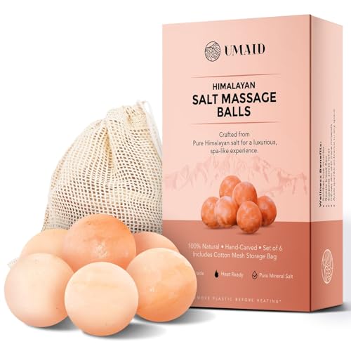 UMAID Himalayan Salt Massage Balls 6-Pack – Natural Himalayan Salt Massage Stones with Cotton Mesh Bag for Hot & Cold Muscle Relief, Spa Massage Therapy, Relaxation & Wellness Gifts for Men & Women