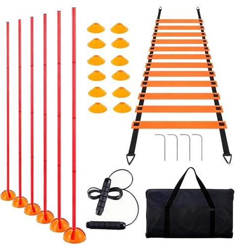 6PCS 6FT Adjustable Soccer Agility Training Poles, Soccer Agility Training Equipment with 20 ft Speed Ladder, 12 Disc Cones and Weighted Jump Ropes, Speed & Agility Turf Training Poles Drills