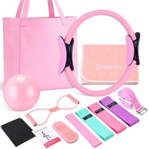 11 Pcs Pink Yoga Accessories Set for Women, Home Pilates Essential Kit for Workout Gym Lover Gifts with Yoga Mat Magic Circle Tote Bag 3 Resistance Bands Strap Socks Towel Ball TPE Loop