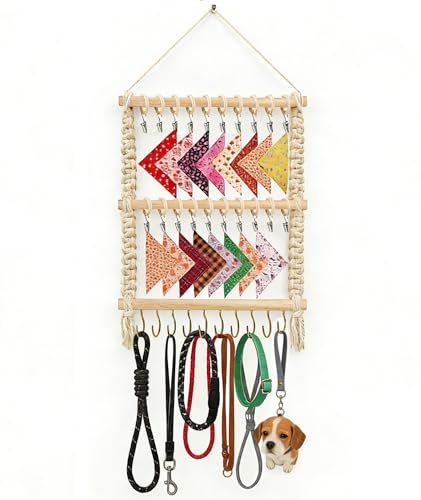 Dog Bandana Holder- Wall Hanging Dog Leash Holder Macrame Pet Accessory Organizer & Decor Hanging Headband Holder,Dog Collar Display (White)