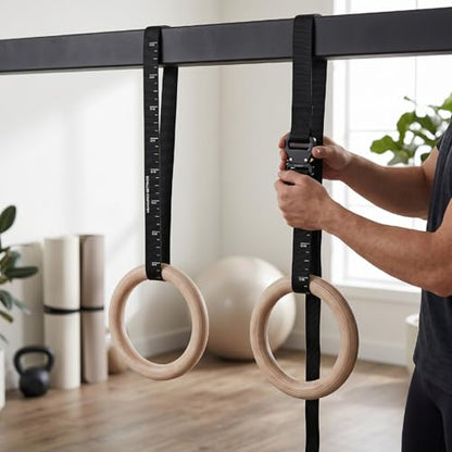 Wooden Gym Rings Birch Wood Rings Gymnastics with 1.5 Inch Numbered Straps Rotating Carabiner for Home Gym Strength Training