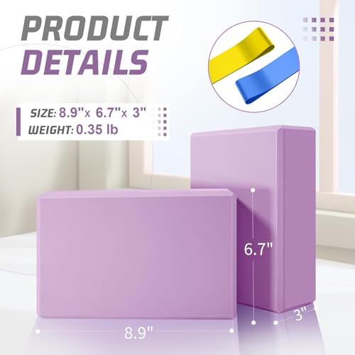 Yoga Blocks 2 Pack 3x6x9IN Foam Block Supportive Latex-Free with Stretch Band, Non-Slip Exercise Blocks for Pilates, Meditation, Balance, Stretching and Deep Poses - color: 2PACK-Lilac