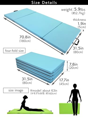 KaRaDaStyle Gymnastics Mat Folding Stretch Mats 71"x31"x2" Exercise Muscle Training Children Play Horizontal Bar Mat Yoga Sports Soundproof Home Use - color: Blue/4-fold