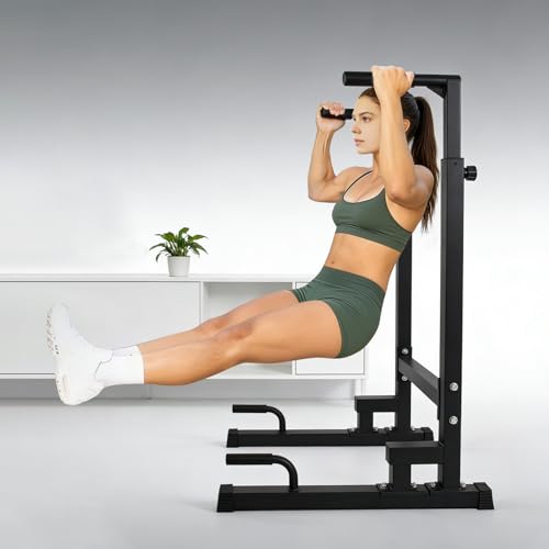 Dip Station, Adjustable Height 6-Level Multi-Function Power Tower Pull Up Bar Stand – Heavy Duty Steel Dip Bars for Home Gym, Tricep Dips L-Sit Push Up Calisthenics Workout Equipment, Supports 500 LBS