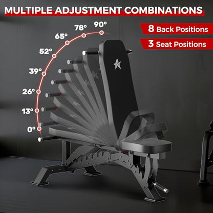 Weight Bench, Adjustable Workout Bench for Home Gym Full Body Workout, 1300LBS Weight Capacity Bench Press, Flat/Incline Bench with 33" Extra-Long Backrest & Wheels - color: black