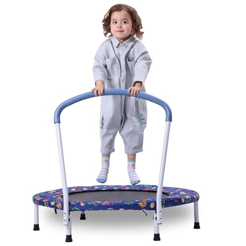 36"/55" Trampoline for Kids, Mini Toddler Trampolines Indoor with Basketball Hoop & Safety Enclosure Net, No-Gap Safe Desian for Boys Girls Ages 1-8 - color: Deep Blue, style: 36" with Handle