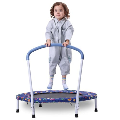 36"/55" Trampoline for Kids, Mini Toddler Trampolines Indoor with Basketball Hoop & Safety Enclosure Net, No-Gap Safe Desian for Boys Girls Ages 1-8 - color: Deep Blue, style: 36" with Handle