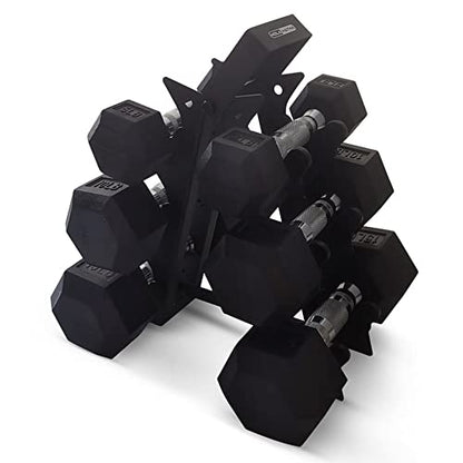 HolaHatha Hexagonal Dumbbell Free Hand Weight Set w/Rack - color: Black, style: 60lb Set