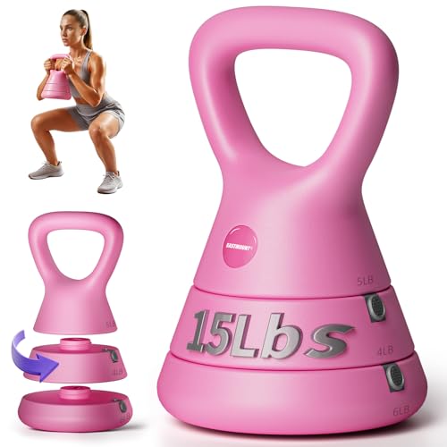 EAST MOUNT 15LB Adjustable Kettlebell Set – 3-in-1 (5/9/15 LB), Compact Adjustable Weights, Wide Triangle Handle and Wrist-Friendly Design for Home Gym, Full-Body Workouts and Strength Training - color: Pink