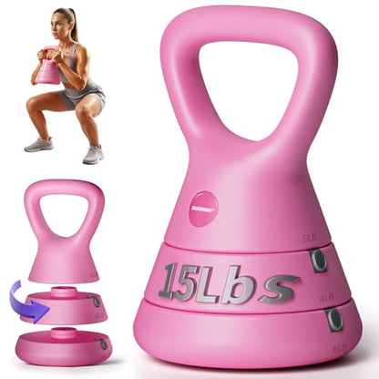 EAST MOUNT 15LB Adjustable Kettlebell Set – 3-in-1 (5/9/15 LB), Compact Adjustable Weights, Wide Triangle Handle and Wrist-Friendly Design for Home Gym, Full-Body Workouts and Strength Training - color: Pink