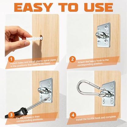 4 Pack Heavy Duty M6 304 Stainless Steel Pad Eye Plates with Snap Hooks, Swing Hanger Hardware Kit for Hammock Chair, Porch Swing, Yoga Swing, Ceiling Mount Anchor, Indoor & Outdoor Use