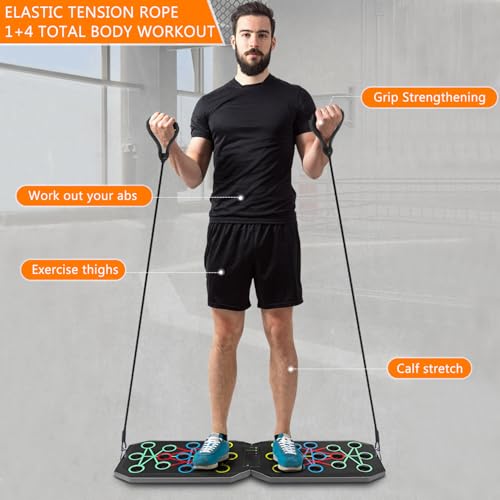 Push Up Board Fitness, BESUNTEK Foldable Multi-Function Exercise Board with Elastic Cord for Total Body Workouts, Portable Push Up Board for Floor