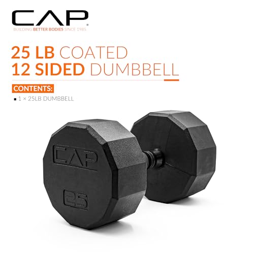 CAP Rubber Coated Dumbbell Weights, Free Weights for Home Gym Strength Training, Anti-Roll Hex Dumbbells with Black, Chrome & Comfort Grip Handles, Singles - size: 25 lb, style: 12-Sided - Black Handle