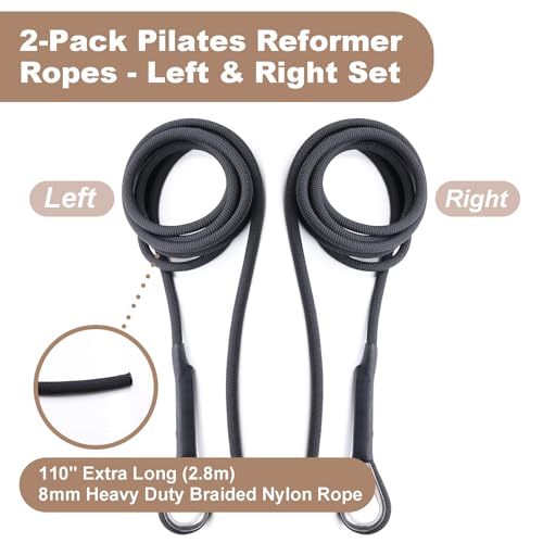 Pilates Reformer Replacement Ropes (2 Pack), 110” Extra Long 8mm Nylon Rope with Metal Grommet, Heavy Duty Low-Noise Pulley Rope for Reformer, Tower & Cadillac-Style Equipment - color: strap only
