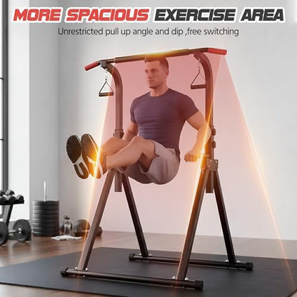 Foldable Pull Up Bar Free Standing Power Tower, 82.9" Adjustable Height Dip Station for Home Gym, Heavy Duty Alloy Steel Strength Training Equipment with Resistance Straps, 350LBS Capacity