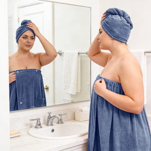 Women’s Plus Size Towel Wrap with Hair Towel (2XL-4XL), Oversized Shower Body Wrap Bathrobe, Soft Quick-Dry Hair Drying Towel for Spa Use Blue - color: Blue, size: 2XL-4XL