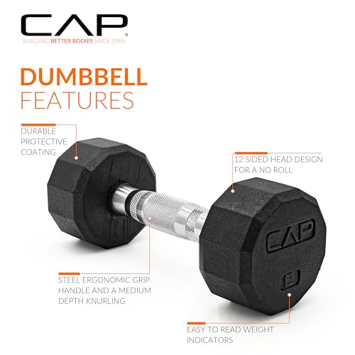 CAP Rubber Coated Dumbbell Weights, Free Weights for Home Gym Strength Training, Anti-Roll Hex Dumbbells with Black, Chrome & Comfort Grip Handles, Singles - size: 8 lb, style: 12-Sided - Chrome Handle