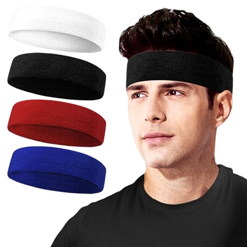 Sweatbands Sport Headbands for Men & Women, 12 Pcs Sweat Head Bands Moisture Wicking Sport Headband Cotton Sweatbands for Basketball, Athletic Exercise, Running - color: White/Black/Red/Blue