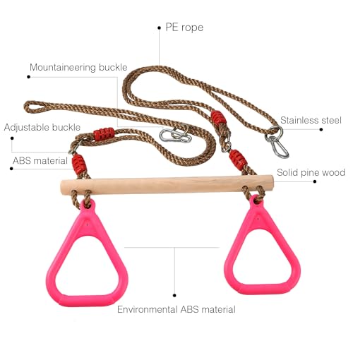 PELLOR Trapeze Bar Gym Rings -Trapeze Swing Bar for Playground Wooden Swing Set with Adjustable Rope Kit Equipment for Children Adult - color: Pink