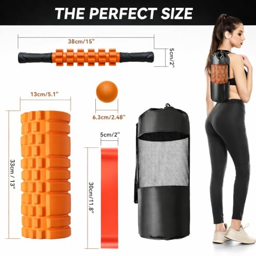 5 in1 Foam Roller Set, Trigger Point Foam Roller, Massage Roller Stick, Massage Ball, Resistance Band for Deep Muscle Massage Pilates Yoga,Fitness Exercise for Whole Body
