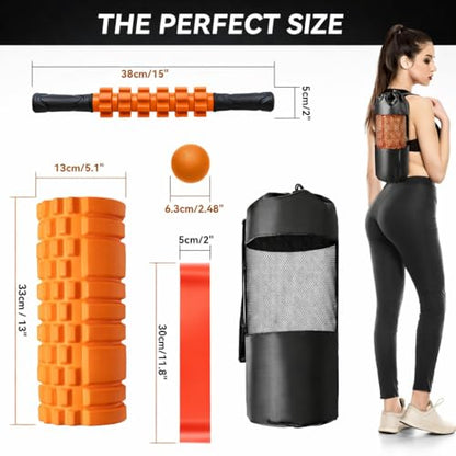 5 in1 Foam Roller Set, Trigger Point Foam Roller, Massage Roller Stick, Massage Ball, Resistance Band for Deep Muscle Massage Pilates Yoga,Fitness Exercise for Whole Body