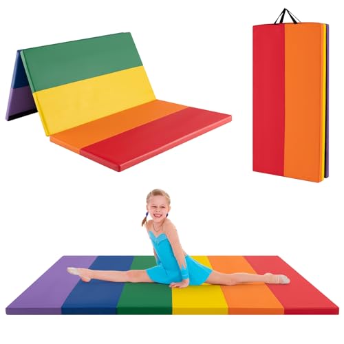 Goplus Gymnastics Mat, 6'x4' 3-Panel/6.6'x2.5' 5-Panel Folding Tumbling Mat w/Carrying Handles, Hook&Loop Fastener, Portable PU Leather Rainbow Exercise Mat for Home Gym Aerobics Yoga - color: 3-Panel,6 Color - Rainbow