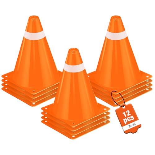 12 Pack 7 Inch Orange and White Cones Versatile Parking Cones,Traffic Cones,Dog Agility Cones,Soccer Cones for Training for Field,Driveway,Event Use