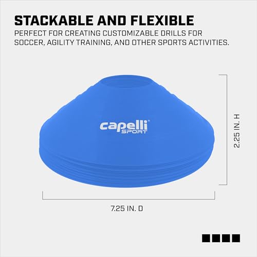 Capelli Sport Training Cones, Set of 10 Agility and Practice Drills Equipment with Carry Strap for Soccer, Football, Baseball, and Basketball, Blue