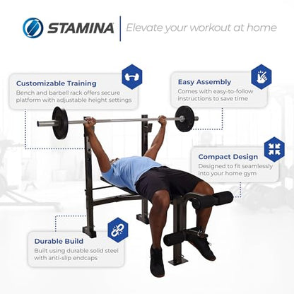 Stamina Adjustable Steel Weights Bench and Barbell Rack Combo Set with Resistance Band Anchor Points for Home Gym Workout or Exercise, Black