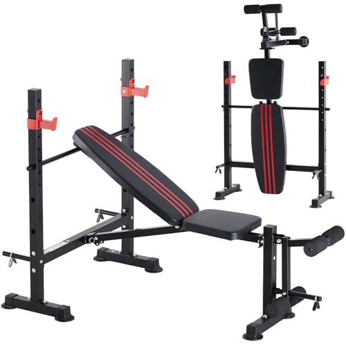 OLIXIS Adjustable Weight Bench Set with Rack, 650 LBS Capacity Heavy Duty Foldable Bench Press Set with Leg Extension Curl, Easy Assembly Strength Training Workout Set for Garage, Home, Gym-Red