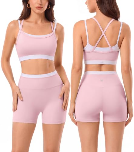 2 Pieces Workout Sets for Women,Seamless Athletic Short with Double Layer Sports Bra,Gym Matching Outfits - color: Pnk010, size: Large