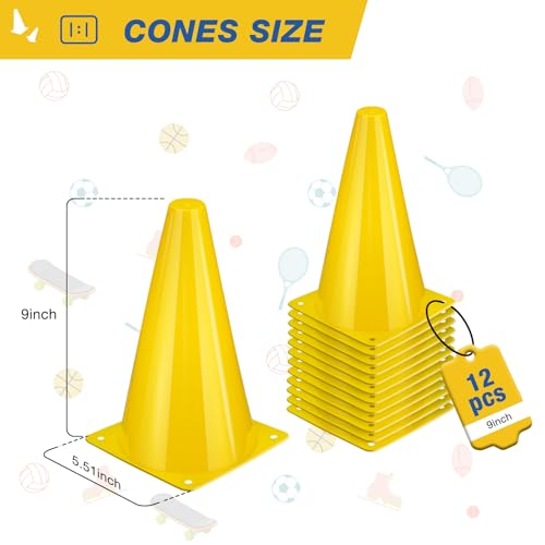 12pcs Cones 9 Inch Soccer Cones and Plastic Traffic Cones, Durable Cones for Sports Training, Ideal for Soccer, Basketball, Football, Skating, and Agility Drills Practice - color: yellow