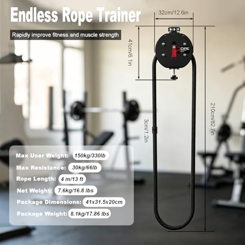 Endless Rope Trainer, Adjustable Resistance(11-66 lbs) Rope Pulley System for Strength, Upper Body, Portable Suspension Infinite Line Trainer Equipment for Home Gym Workouts