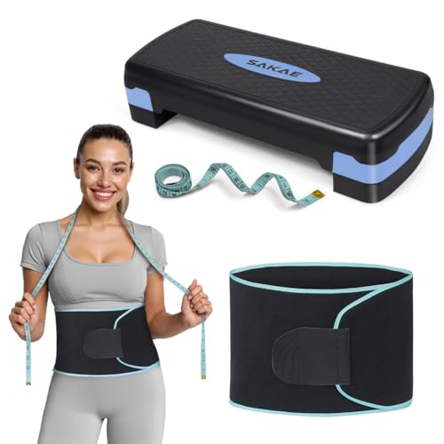 Adjustable Height Aerobic Stepper Set, Multiple Bundle Options with Dumbbells, Kettlebell, Waist Trimmer, Ankle Weights or Weighted Vest, Workout Exercise Step Platform w/Level Risers, 4 Colors - color: Blue Black, size: b. W/ Waist Trimmer