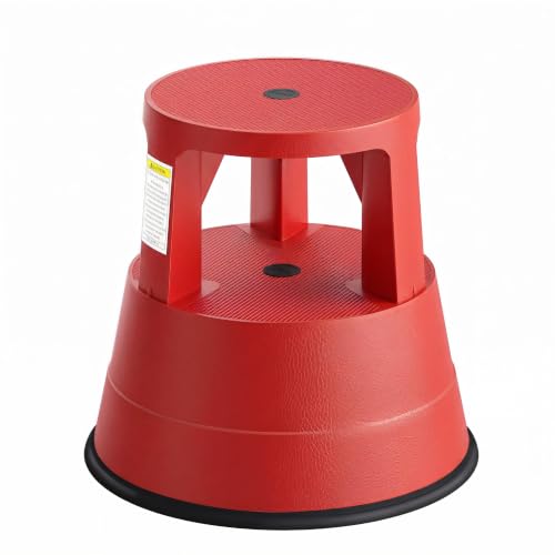 Upgraded Rolling Step Stool with Wheels,550LBS Capacity,Non-Slip Platform&Retractable Casters,Heavy-Duty Round Kick Stool for Library,Kitchen, Office, Garage,Portable for Adults/Seniors (Red) - color: Red
