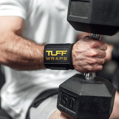 TuffWraps 16" Wrist Wraps: No Thumb Loops, Quality Gym Wrist Wraps for Weightlifting, Bench Press, Powerlifting, and Cross-Training—Try The Belt Loop Tightening System - color: Black/Gold