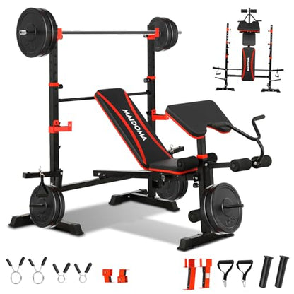 1500LBS 8 in 1 Weight Bench Set with Leg Extension/Curl and Preacher Curl, Bench Press Set and barbell Rack with Safety Bar Catches, Foldable Workout Benches for Home(US Stock) - color: Black Red