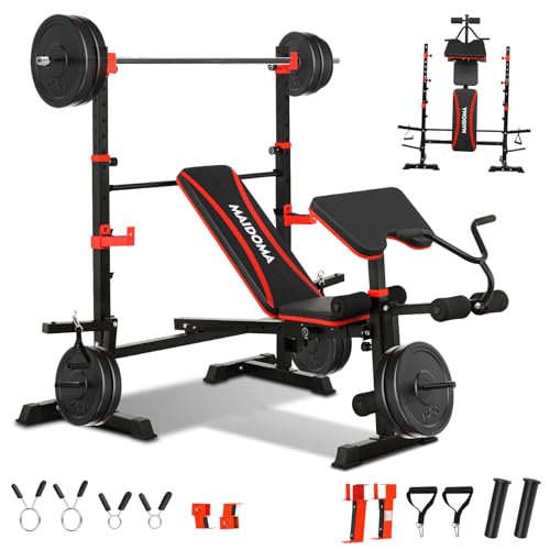 1500LBS 8 in 1 Weight Bench Set with Leg Extension/Curl and Preacher Curl, Bench Press Set and barbell Rack with Safety Bar Catches, Foldable Workout Benches for Home(US Stock) - color: Black Red