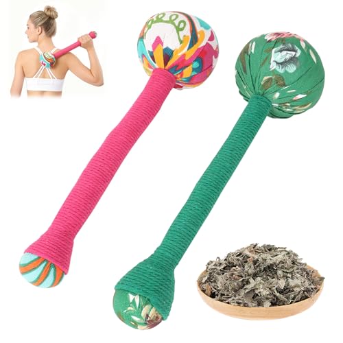 2PCS Long Wormwood Lymphatic Drainage Hammer, Manual Body Massage Hammer, Anti Slip Handheld Herbal Massage Hammer for Back Muscle Relaxation (Rose Red/Dark Green) - color: Rose Red+dark Green