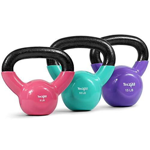 Yes4All Kettlebell, Vinyl Coated Kettlebell Cast Iron Sets with Stable Flat Bottom for Full Body Workout, Push up, Grip Strength Training & Weights Exercises - color: Multicolor, style: 5 - 15lb