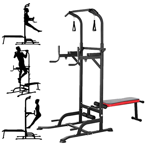 Power Tower with Bench, Pull Up Bar Dip Station, Power Tower Dip Station, Training Workout Equipment, Height Adjustable Pull Up Tower w/Folding Bench 4 Ropes, Strength Training, Home Gym