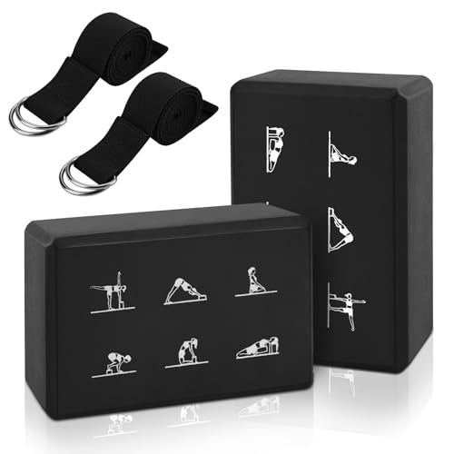 2 Yoga Block and 2 Yoga Strap Set,Non-slip EVA Foam Blocks, High Density Yoga Bricks with 6ft Strap, Supportive Latex-Free Yoga Block Accessories for Pilates - color: Black