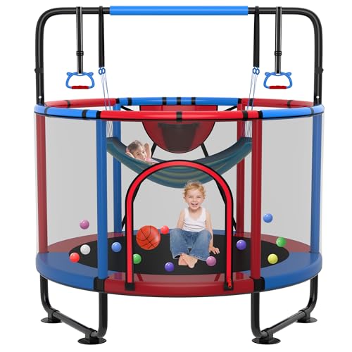 SKYUP 54"/60''/66" Mini Trampoline for Kids Ages 3+, 400LBS No-Gap Toddler Trampoline with Net, Swing, Adjustable Gymnastics Bars, Basketball Hoop, Indoor/Outdoor Trampoline, Boys & Girls Gifts Toys - color: Red, size: 5FT