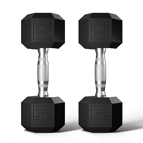 GRETERST Hex Dumbbells Set Rubber Coated Hand Weights Exercise & Fitness for Home Gym Workouts Weight Strength Training, Set of 2, Black, 25LB