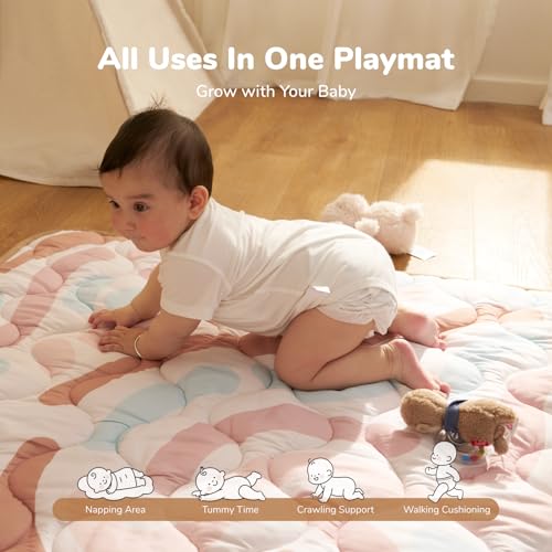 Momcozy Baby Play Mat for Floor, 50"x50" Thickened Playpen Mat, Playmate for Baby Tummy Time, Waterproof & Non-Slip, Foldable Outdoor Mat with Carrying Handle, Crayon