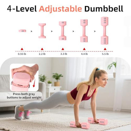 2-in-1 Adjustable Dumbbell Set, Upgraded 4 Levels Hand Weights for Women Men, Each 2.2/3.3/4.4/5.5lb, Convertible Weights Dumbbells and Kettlebell Set for Home Gym Exercise & Fitness - color: Pink