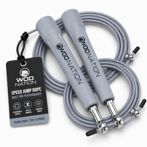 WOD Nation Adjustable Speed Jump Rope For Men, Women & Children - Blazing Fast Fitness Skipping Rope Perfect for Boxing, MMA, Endurance - color: Grey